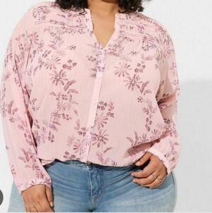 Torrid Pink Floral Chiffon Lurex Button-Up Shirt Long Sleeve, Size 2X
